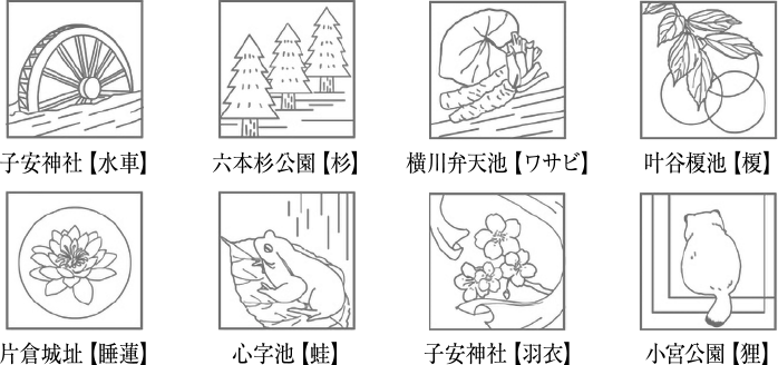 子安神社【水車】、六本杉公園【杉】、横川弁天池【ワサビ】、叶谷榎池【榎】、片倉城址【睡蓮】、心字池【蛙】、子安神社【羽衣】、小宮公園【狸】